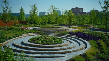 Serpentine stone pathways wind through a vibrant, modern garden with colorful flowers and city skyline in background.