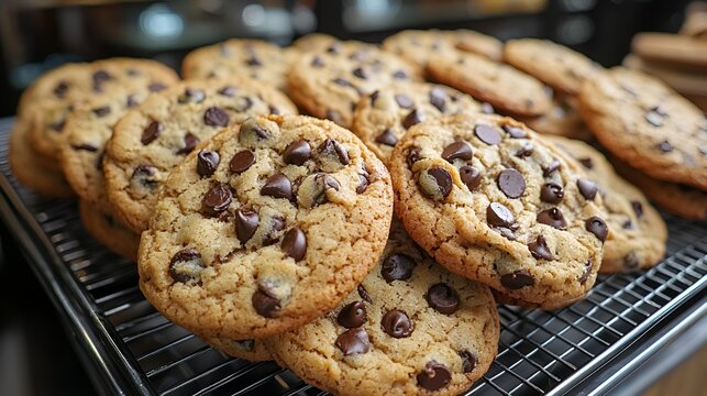 Delicious chocolate chip cookies on a cooling rack.