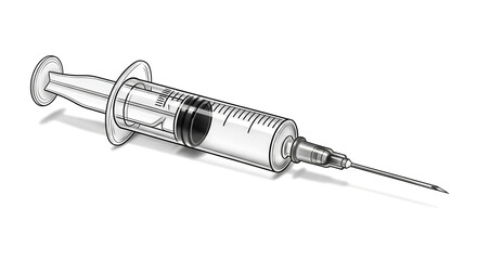 High-detail medical syringe illustration on a white background, showing clear measurement scale and sharp needle tip.