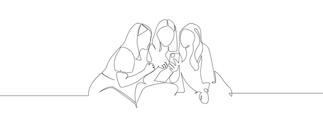 A group of women are sitting using smartphones in one continuous line. single line art style vector illustration. Editable stroke.