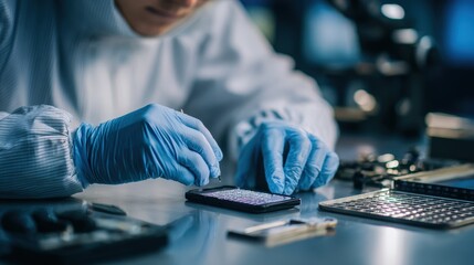 Specialist using advanced tools to recover deleted files from a smartphone in a controlled forensic setting.