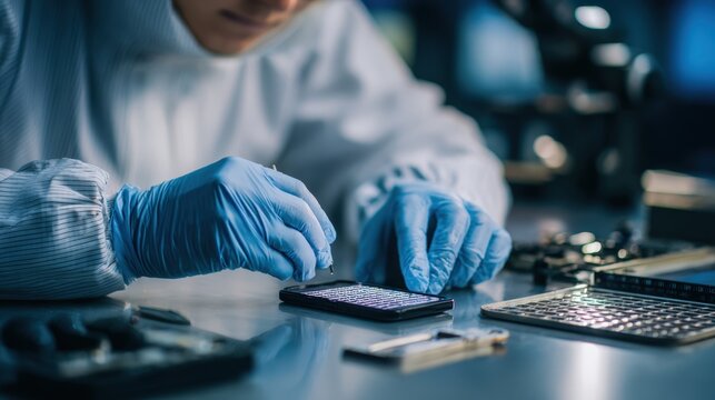 Specialist using advanced tools to recover deleted files from a smartphone in a controlled forensic setting.