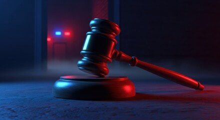 Dramatic judge's gavel under intense red and blue lighting, symbolizing criminal justice, law enforcement