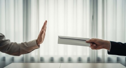 Business person refuses a bribe, rejecting a gray envelope with a stop gesture. Concept of anti-corruption and integrity.
