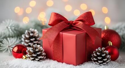 Festive red gift box with a glitter bow on snow, surrounded by pine cones and glowing holiday bokeh lights.