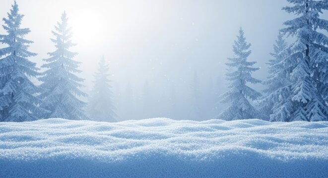 Ethereal winter landscape featuring frosty pine trees and detailed crystalline snowdrifts under a bright, hazy sky. - Powered by Adobe