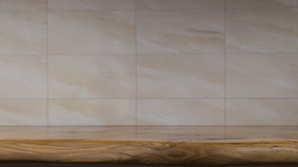 Product display on wooden table with beige tiled wall background