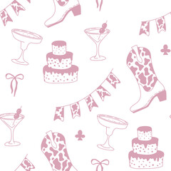 Whimsical cowgirl seamless pattern with lips, hearts, and lasso lines