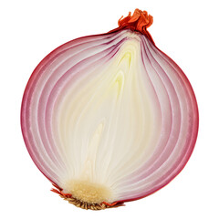 A close-up view of a red onion cut in half, showcasing its layered structure and vibrant colors.