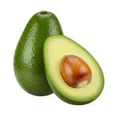 A whole avocado and a half avocado with its seed visible on a clean white background.