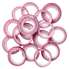 Overhead shot of a pile of sliced red onion rings, isolated on white.