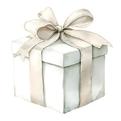 A detailed watercolor of an ivory and taupe Christmas gift box with a beige ribbon isolated on a white background