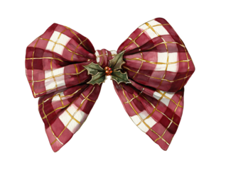 Watercolor Christmas holiday bow, burgundy and white plaid pattern, decorated with holly berries - festive design