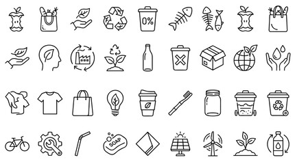 Fototapeta premium Monochrome Outline Eco Icons: Apple Core, Recycle Arrows, Wind Turbine on White