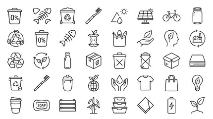 Naklejka premium Recycling and Sustainability Line Icons Set on White Background