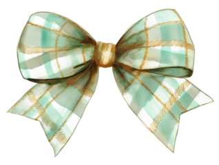 Watercolor Christmas holiday bow, mint and white plaid pattern