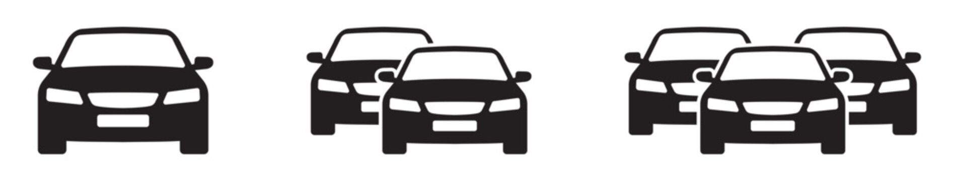 Car front view icon set with single car, two-car lineup and three-car group symbols. Minimal solid silhouette style for transport, traffic, parking, automotive services and mobility concepts &ndash; stock v