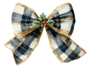 Watercolor Christmas holiday bow, blue and white plaid pattern, decorated with holly berries - festive design