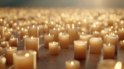 A multitude of lit candles arranged closely together. Candle background.