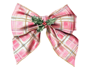 Watercolor Christmas holiday bow, pink and white plaid pattern, decorated with holly berries - festive design