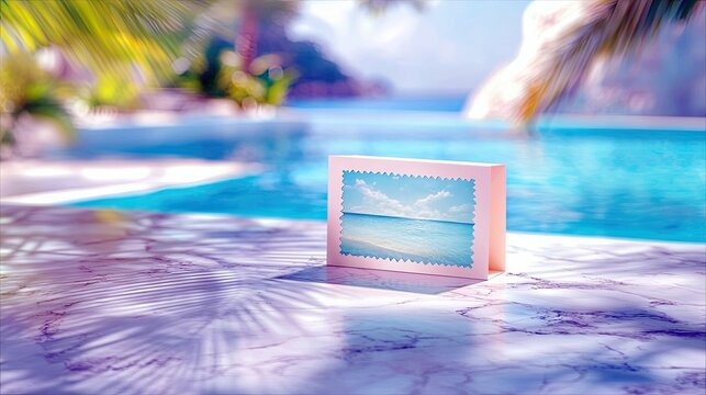 A pink greeting card with a beach scene stands on a marble table near a pool with a tropical background. The scene is bathed in sunlight.