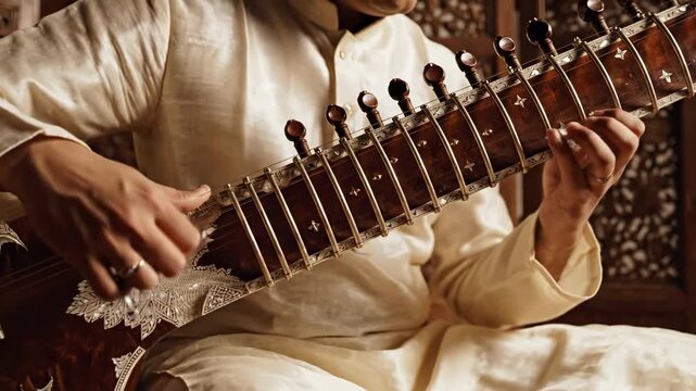 A musician artfully plays the sitar in a serene setting, displaying traditional musical skill. this sequence embodies cultural expression through intricate melodies and rhythms.