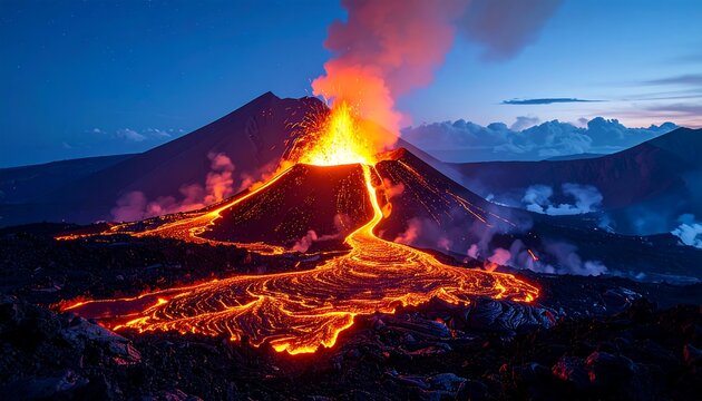 Spectacular nighttime view of an erupting volcano with flowing lava