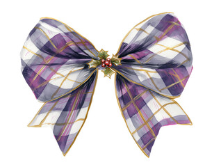 Watercolor Christmas holiday bow, purple and white plaid pattern, decorated with holly berries - festive design
