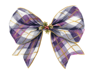 Watercolor Christmas holiday bow, purple and white plaid pattern, decorated with holly berries - festive design