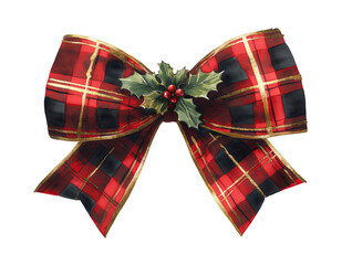 Watercolor Christmas holiday bow, red and black plaid pattern, decorated with holly berries - festive design