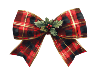 Watercolor Christmas holiday bow, red and black plaid pattern, decorated with holly berries - festive design