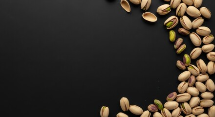 Black table surface scattered with pistachio nuts featuring ample copy space for energy food concepts
