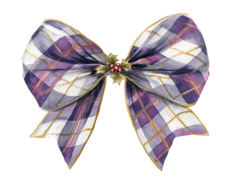 Watercolor Christmas holiday bow, purple and white plaid pattern, decorated with holly berries - festive design - Powered by Adobe