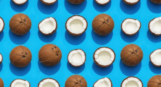Seamless pattern concept featuring whole and half coconuts repeated against a bright blue background