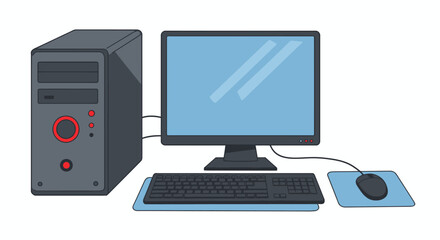 Fototapeta premium Illustration of a desktop computer setup featuring a monitor, keyboard, mouse, and tower, all rendered in a clean and modern vector style on a white background.