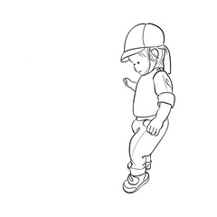 Monochrome line art illustration of a young child looking down with curiosity while walking 