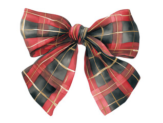 Watercolor Christmas holiday bow, red and black plaid pattern