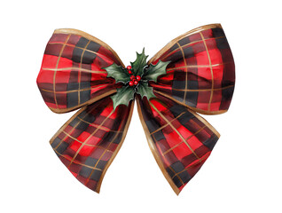 Watercolor Christmas holiday bow, red and black plaid pattern, decorated with holly berries - festive design