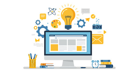 A modern computer monitor displays a website design surrounded by creative and development icons, illustrating digital innovation and online business solutions.