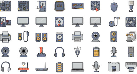 A collection of colorful computer hardware icons, perfect for technology-related design projects, websites, and presentations, available as a scalable vector graphic.