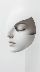 A woman's face is shown with a white background