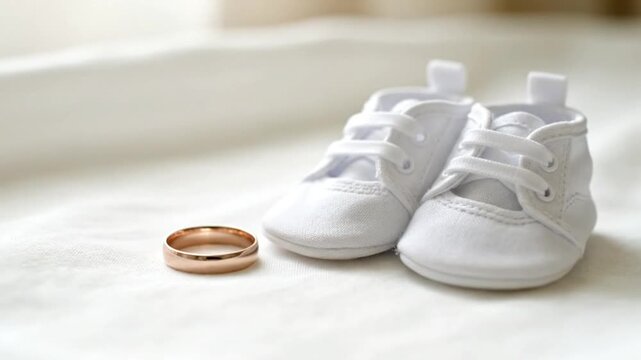 White baby shoes and a golden wedding ring symbolize family, new beginnings