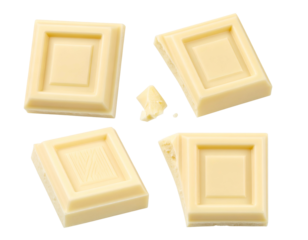 Four delicious white chocolate squares and a tiny crumb, on black