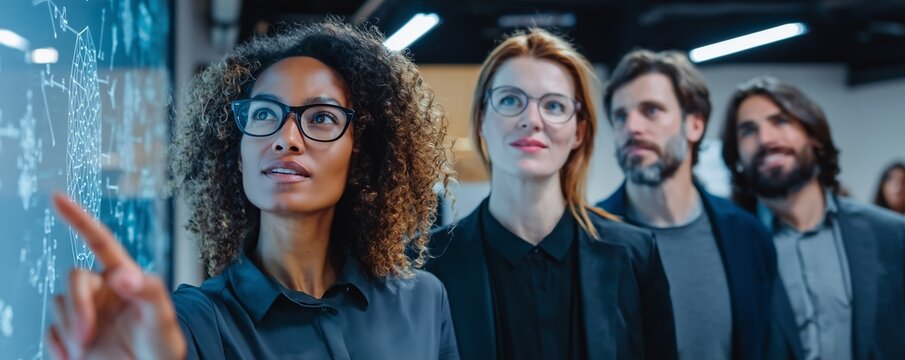 Engaged Team Analyzing Data on Interactive Screen During Collaborative Workshop in Modern Office Environment