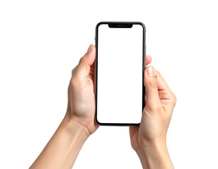 Hands holding a modern smartphone with a blank black screen