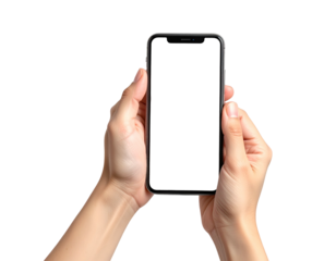 Hands holding a modern smartphone with a blank black screen