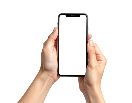 Hands holding a modern smartphone with a blank black screen