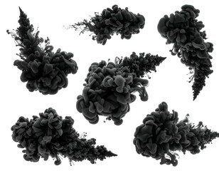 Multiple dark ink plumes spreading in water, creating abstract shapes