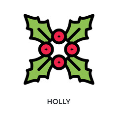 Holly Icon Flat Outline Style. Vector Illustration For Graphic Design
