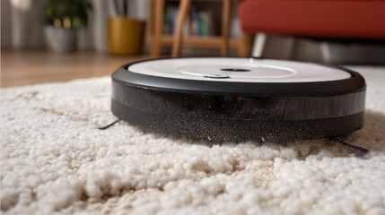 Closeup of a robotic carpet cleaner with sensors actively identifying dirt spots on a textured rug demonstrating smart autonomous cleaning technology.